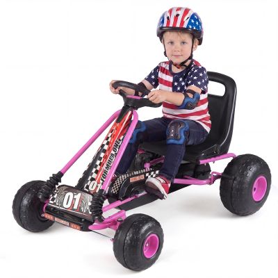 Costzon Pedal Go Kart, 4 Wheel Ride on Toy Pedal Car with Adjustable Seat, Forward/Backward & Handbrake, Outdoor Bicycle Go Cart with Wear-Resistant Wheels, Gift for Boys and Girls (Pink)