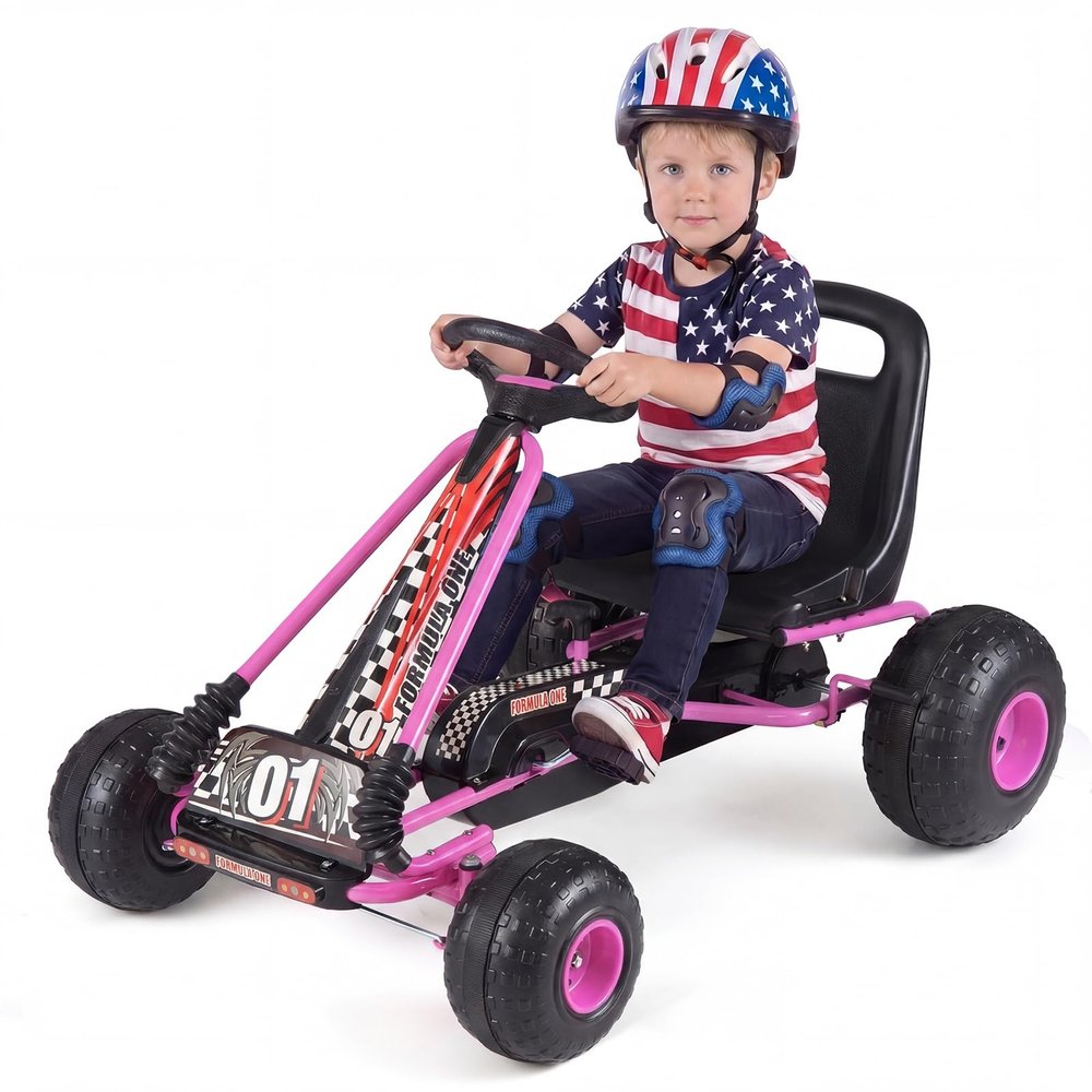 Costzon Pedal Go Kart, 4 Wheel Ride on Toy Pedal Car with Adjustable Seat, Forward/Backward & Handbrake, Outdoor Bicycle Go Cart with Wear-Resistant Wheels, Gift for Boys and Girls (Pink)