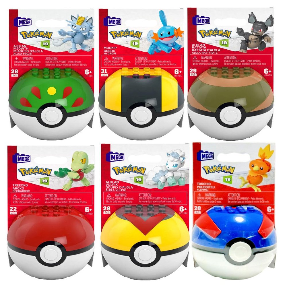 MEGA Pokmon Pok Ball Building Set, Series 19, 6 Figures Including Mudkip, Alolan Meowth, Torchic, Alolan Rattata, Treecko, and Alolan Vulpix FPM00-963K