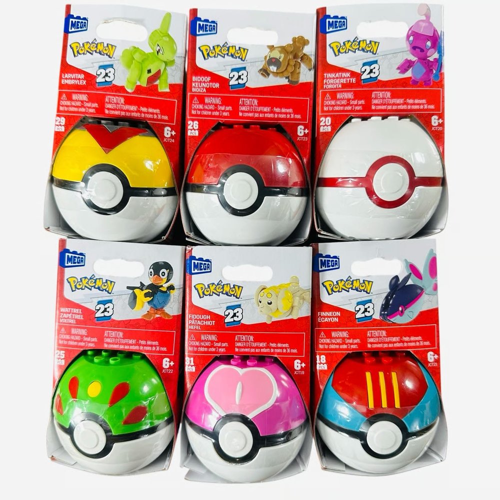 MEGA Pokmon Pok Ball Building Toy Set, Series 23, 6 Packs, Larvitar, Bidoof, Fidough, Finneon, Wattrel, Tinkatink, Ages 6+ FPM00-963P