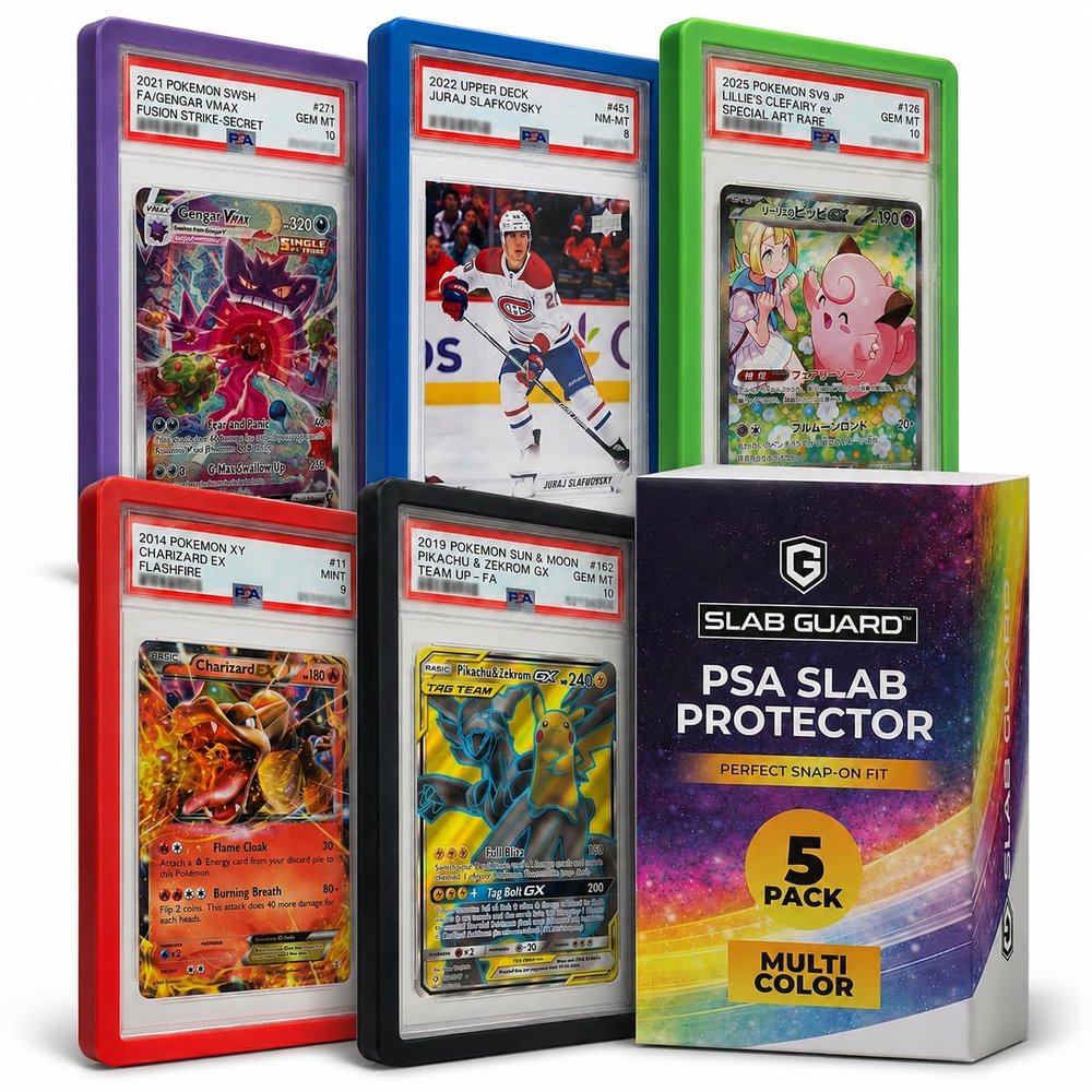 SlabGuard 5 Pack Bumper Guards for PSA Graded Cards ONLY - Stackable Card Protector Case Prevents Scratches, Chips & Cracks - Easy Install & Removal - Premium Grade TPU (Multicolor, 5 Solid Colors)