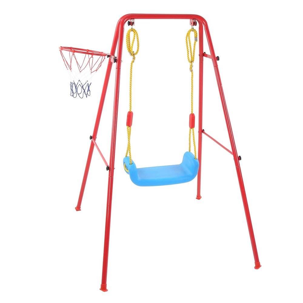 2 in 1 Childrens Swing Set, Heavy Duty Kids Swing Set with Basketball Hoop, 60kg Load Bearing Plastic Alloy Backyard Swing for Ages 8+, Includes Net and Pump
