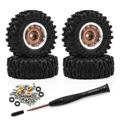 0.7 Inch Beadlock Wheel Rims and 40mm Rubber Crawler Tires Set 5mm Hex -1mm Offset for 1/30 1/32 SCX30 Redcat Ascent-32 K10 for Wrangle Micro RC Truck Upgrades (Bronze)