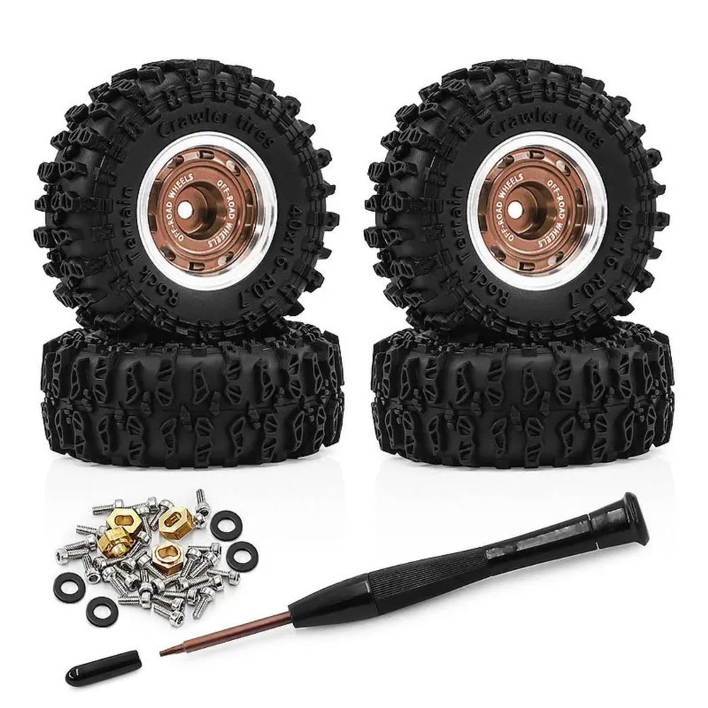 0.7 Inch Beadlock Wheel Rims and 40mm Rubber Crawler Tires Set 5mm Hex -1mm Offset for 1/30 1/32 SCX30 Redcat Ascent-32 K10 for Wrangle Micro RC Truck Upgrades (Bronze)