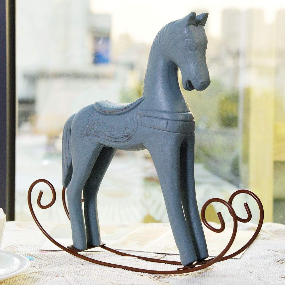 DAN&DRE Handmade Wooden Rocking Horse, Carved Painted Children's Toy, Table Decoration, Handmade Wooden Rocking Horse (Light Blue)