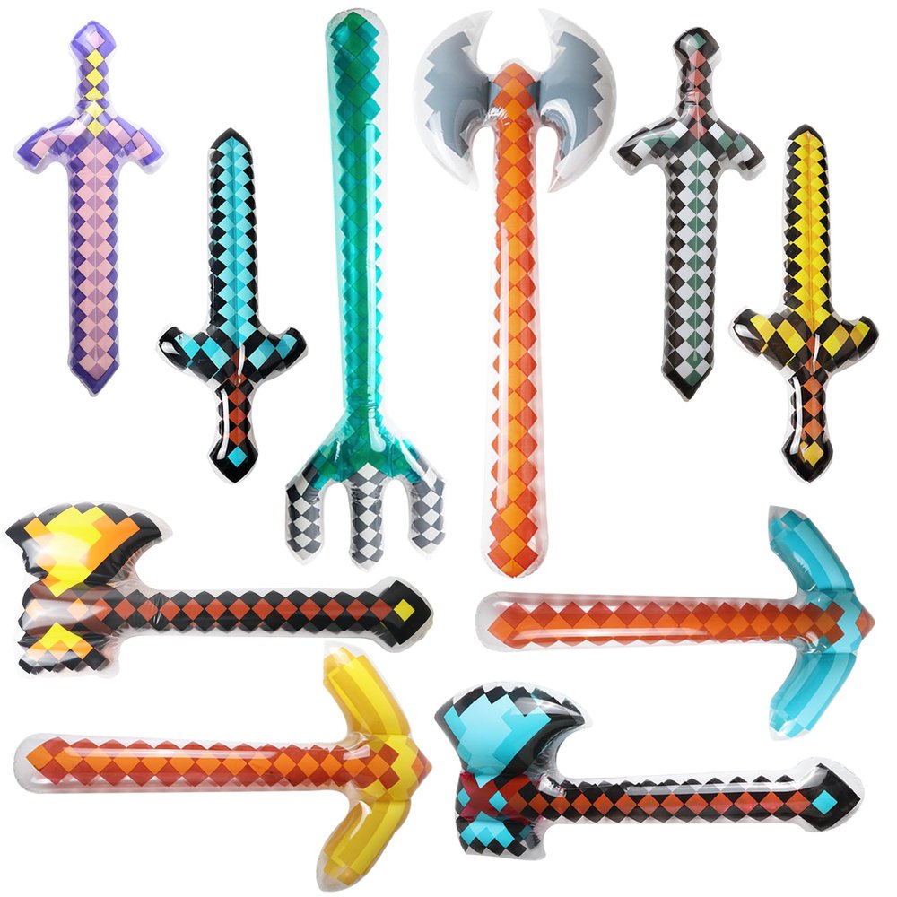 FSAIUIS 10 Pack Jumbo Pixel Inflatable Toys, Assorted Large Blow Up Weapons Set - Sword Axe Pickaxe Trident for Halloween Cosplay Birthday Party Pool & Beach Decor Supplies