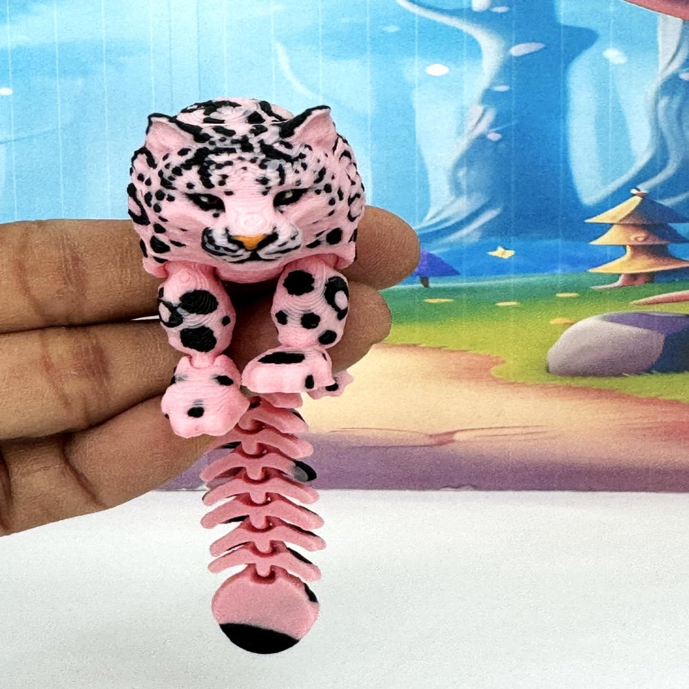 3D Printed Animals 6.5 Inches Snow Leopard Flexible Articulated Animals for Stress Relief & Unique Desk Decor, Wild Animal Creature, Pink Snow Leopard Toy ASL001-LTPNK