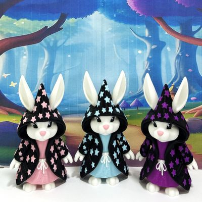 3pcs Wizard Bunny | 3D Printed | Articulated Toy Magical Wizard Bunny Figurine Pink Bunny Black Robe with Stars WB001-3X