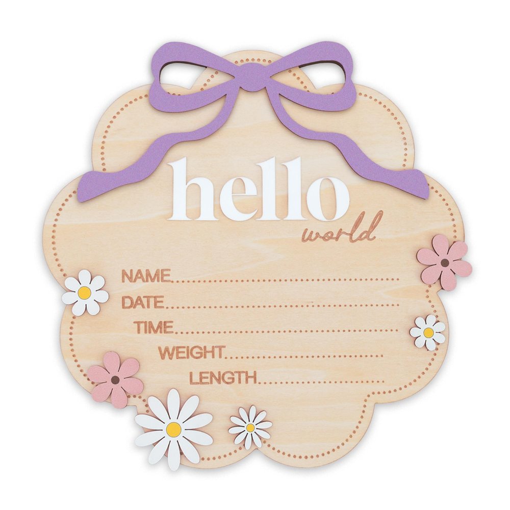 TTMerriwood Hello World Wooden Baby Birth Announcement Sign with Pink Bow, Cloud Shape Floral Newborn Name Date Time Weight Length Board, Baby Girl Nursery Photo Prop (Purple)