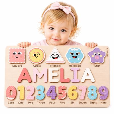 Personalized Name Puzzle for Toddlers 1-3, Custom Wooden Name Puzzle with Numbers and Shapes, 18 Art Sets, More Than Any Other, Baby Name Puzzle, Personalized Baby Gifts