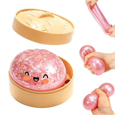 2026 New Glitter Dumpling Soft Box, Stress Relief, Soft Squeeze Decompression Dough, Glitter Dumpling Soft for Stress Relief (Transparent Pink)