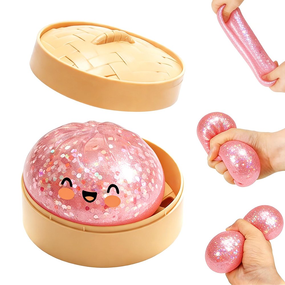 2026 New Glitter Dumpling Soft Box, Stress Relief, Soft Squeeze Decompression Dough, Glitter Dumpling Soft for Stress Relief (Transparent Pink)