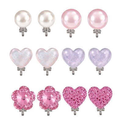 Mikovivi 6 Pairs of Pearl Heart Gemstone Clip on Earrings for Little Girls, Resin Colorful Clip on Earrings with Silicone Ear Pads for Teenagers Kids Dress Up Jewelry