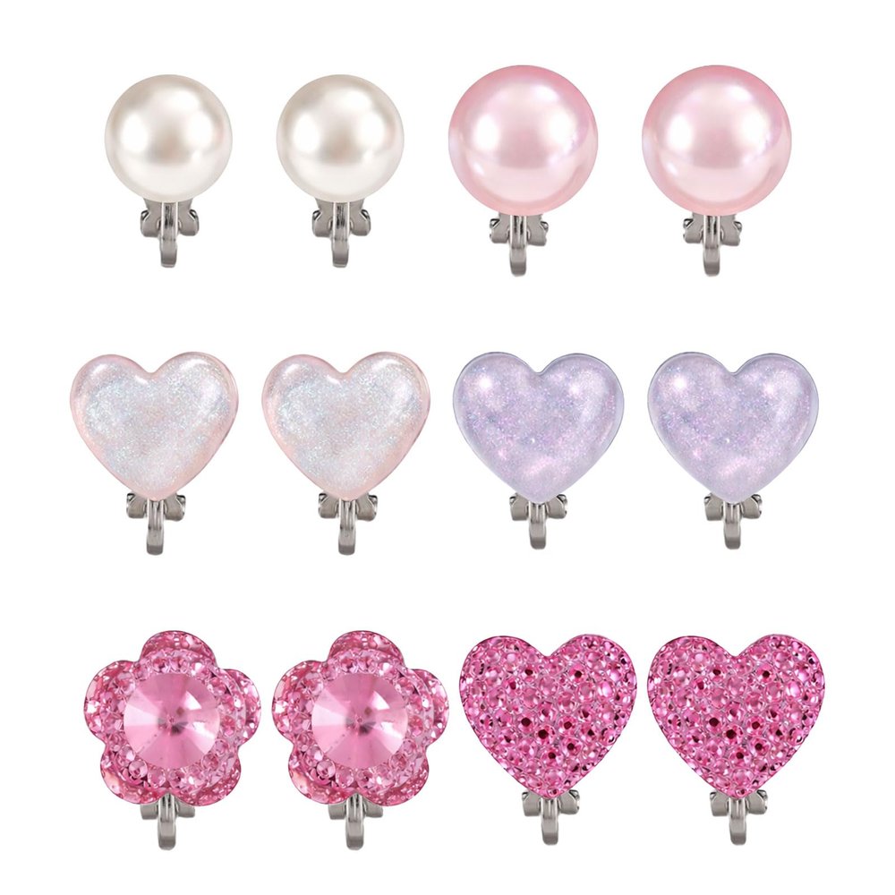 Mikovivi 6 Pairs of Pearl Heart Gemstone Clip on Earrings for Little Girls, Resin Colorful Clip on Earrings with Silicone Ear Pads for Teenagers Kids Dress Up Jewelry