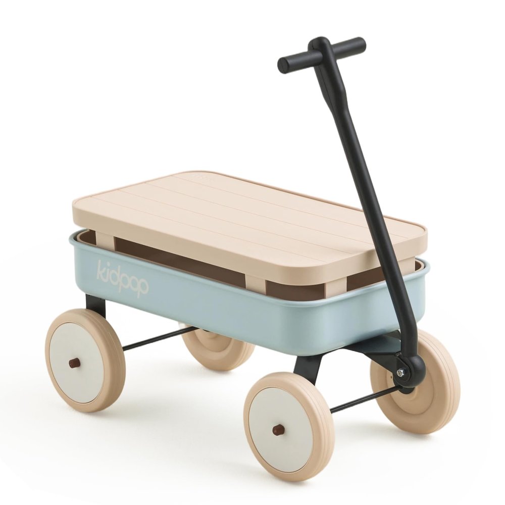 Kidpop Kids First Pull-Along Wagon with Removable Cover and Basket for Storage, 4-in-1 Push Pull Toy Cart for Toddlers, Lightweight (5.5 lbs), 1st Birthday Gift (Blue)