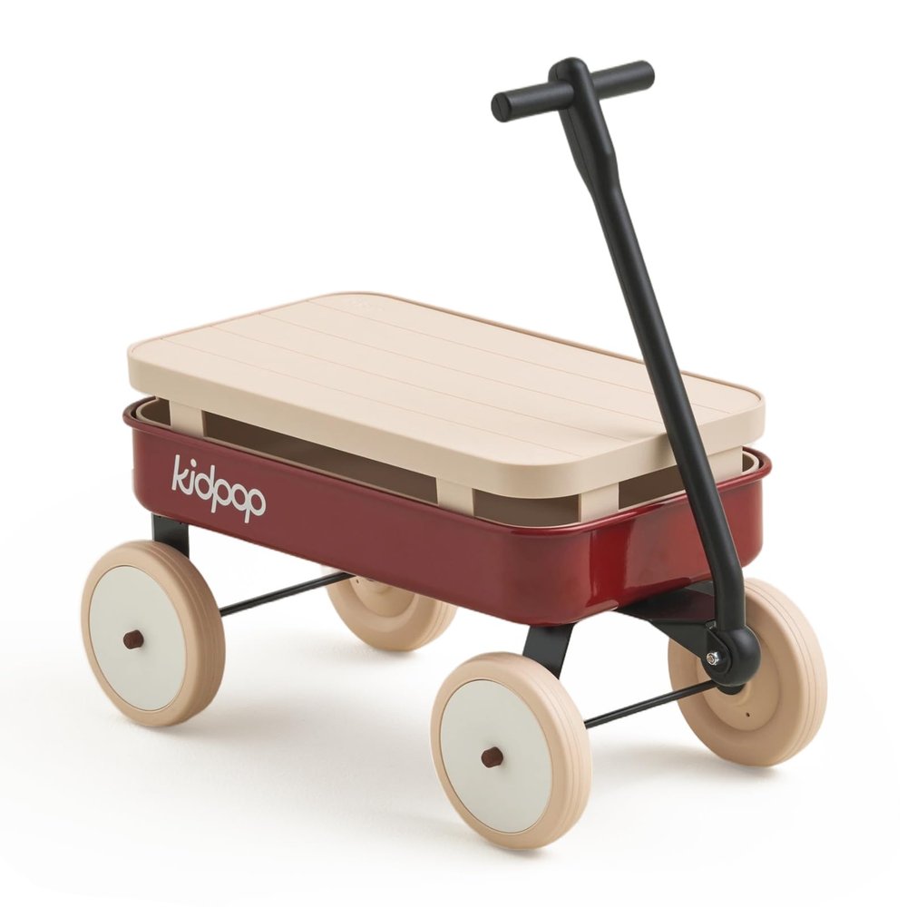 Kidpop Kids First Pull-Along Wagon with Removable Cover and Basket for Storage, 4-in-1 Push Pull Toy Cart for Toddlers, Lightweight (5.5 lbs), 1st Birthday Gift (Red)