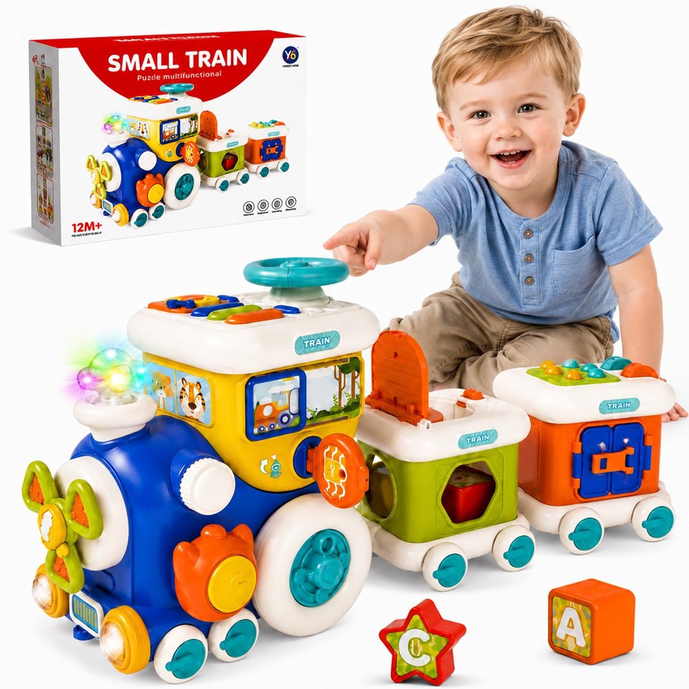 Musical Train Activity Cube for Toddlers 1-3, 6-in-1 Busy Board Baby Toys