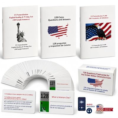 blinvcra Upgrade US Citizenship Flash Cards 2026, New Version with Audio, N-400 Vocabulary Definition, Reading & Writing Test, 128 Q&A, Souvenir Pin, English & Spanish Portable Study Guide