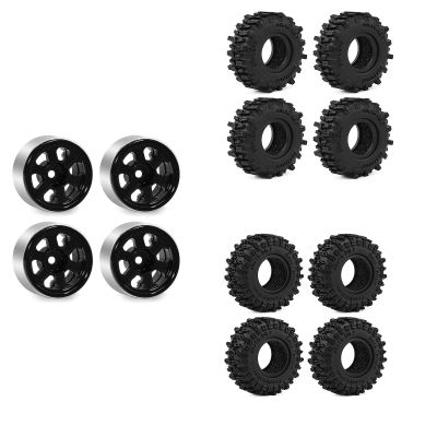 12PCS 0.7 Inch RC Tires and Wheels Set, 1/30 Scale Metal Beadlock Rims with 2 Types of Crawler Tires (Rock & All-Terrain) for Axial SCX30 Upgrade, 3614mm (Black)