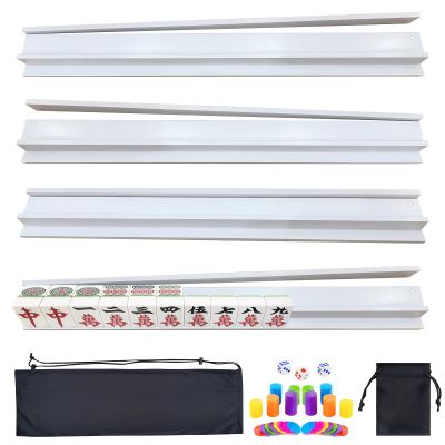4 PCS Mahjong Racks with Pushers, White Wooden Mahjong Racks with Detachable Magnetic Pushers, Mahjong Tile Pushers and Racks, Includes Chips, Dice & Storage Bags, Mahjong Accessories (19.68 Inch)