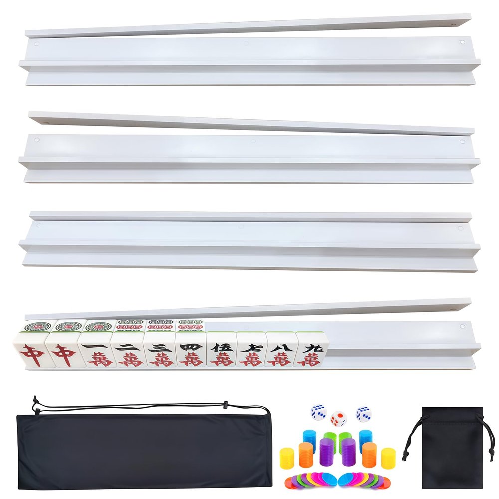 4 PCS Mahjong Racks with Pushers, White Wooden Mahjong Racks with Detachable Magnetic Pushers, Mahjong Tile Pushers and Racks, Includes Chips, Dice & Storage Bags, Mahjong Accessories (19.68 Inch)