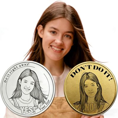 1ps Custom Photo Decision Coin, Double-Sided Laser Engraved- Personalized Line Art Conversion- Yes or No Fun Large Coin, Two Styles Available- Party Supply, Party Props