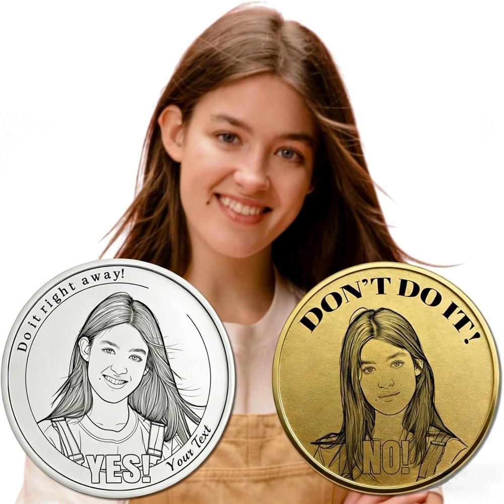 1ps Custom Photo Decision Coin, Double-Sided Laser Engraved- Personalized Line Art Conversion- Yes or No Fun Large Coin, Two Styles Available- Party Supply, Party Props