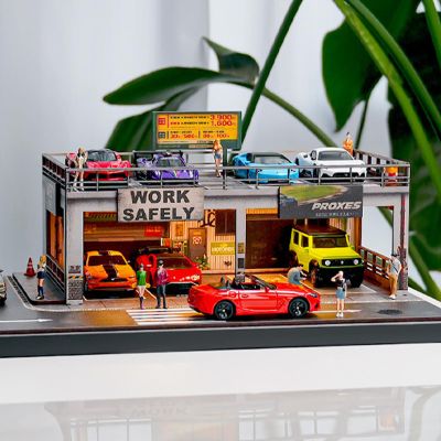 1/64 Display Case, Double-Deck Diorama Scene with LED Lights, USB-Powered Diecast Car Display Stand & Parking Lot, Compatible with Hot Wheels, Matchbox, and MiniGT Model Cars