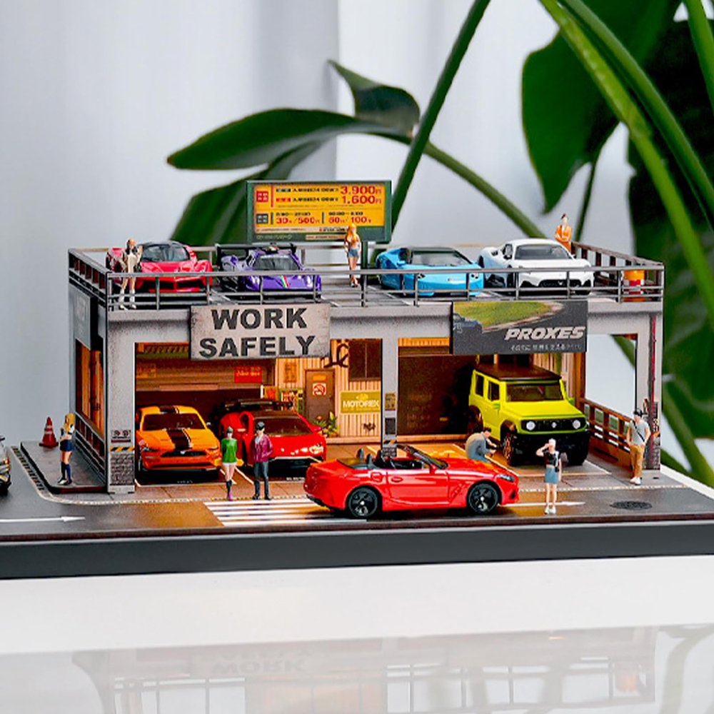 1/64 Display Case, Double-Deck Diorama Scene with LED Lights, USB-Powered Diecast Car Display Stand & Parking Lot, Compatible with Hot Wheels, Matchbox, and MiniGT Model Cars