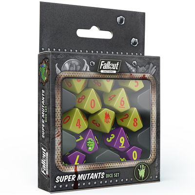 Fallout Factions: Dice Set - Super Mutants - 12 Piece, Green & Purple, Standard & Luck 10-Sided RPG Die, Roleplaying Game Accessory, Themed Symbols
