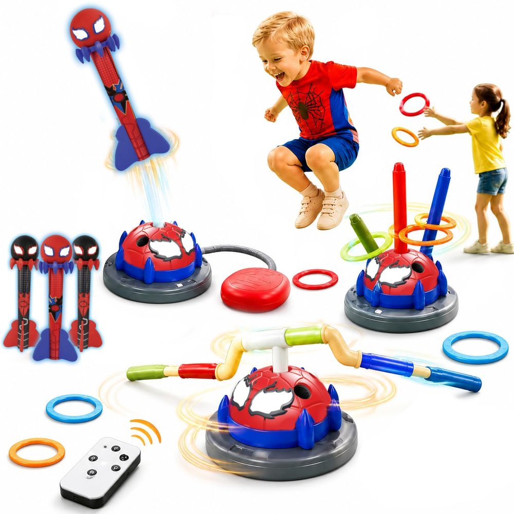 3 in 1 Spider Skip Rotating Musical Jump Bar, Ring Toss Game and Rocket Launcher for Kids Toys for Ages 3-5, Indoor & Outdoor Party Activities Favors with Remote Control, Gifts for Boys Girls Age 4-8