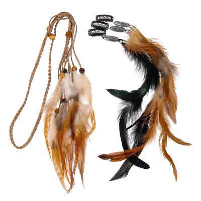 Abaodam Bohemia Style Plume Hairband and Long Quill Hair Clips Set for Women Retro Party Hair Accessory with 1 Headband and 3 Decorative Clips Boho Ornament for Festival and Dress-up