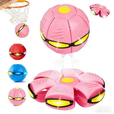 Magic Bouncing Ball with 6 LED Lights, 2-in-1 Flying Saucer Ball, Pop-Up Transform, Explosion-Proof,Gift Pack, Interactive Toy for Indoor & Outdoor Parent-Child Sports (Macaron Pink, Without Flash)
