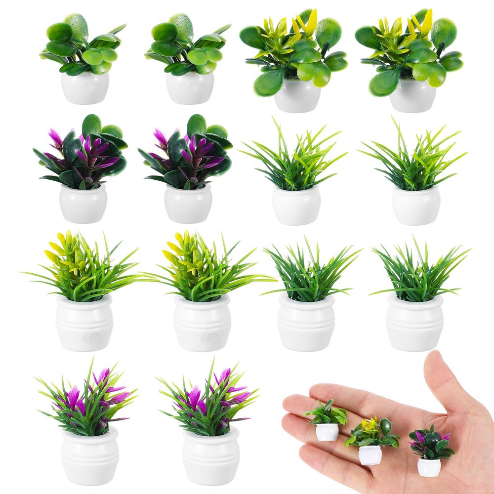 14PCS Miniature Plants for Diorama Supplies, Mini Artificial Potted Plants Bulk for Adult Craft Landscaping, Fake Resin Grass for DIY Handicrafts Ornament
