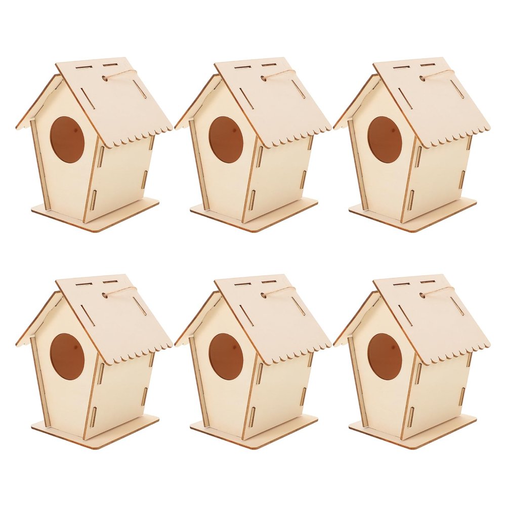 VICASKY 6pcs DIY Wood Birdhouse Kit for Small Unpainted Wooden Birdhouses for Painting, Outdoor Craft Building Set for Garden, Window, Yard Decorations