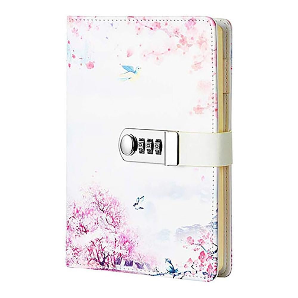 Faux Leather Password Notebook, Personal Diary with Lock, A5 Lockable Journal Diary for Girls Women(Flower Bird)