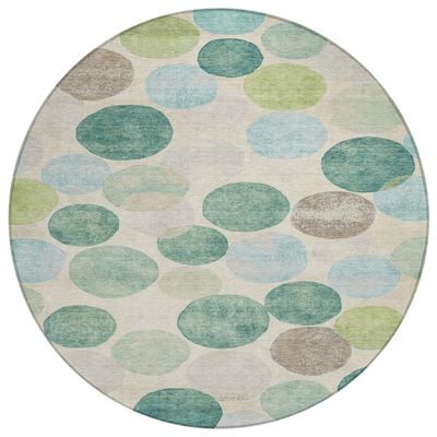 HomeRoots 627046 8 ft. Teal Blue Green & Ivory Geometric Washable Transitional Indoor & Outdoor Round Area Rug