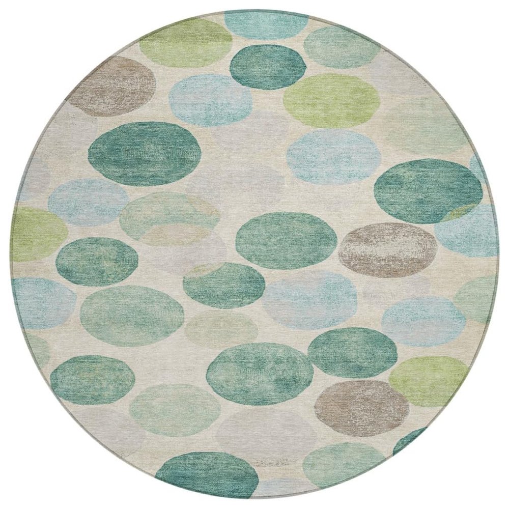 HomeRoots 627046 8 ft. Teal Blue Green & Ivory Geometric Washable Transitional Indoor & Outdoor Round Area Rug