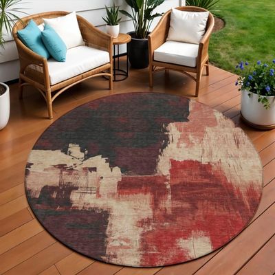 HomeRoots 609162 8 ft. Brick Red & Red Round Abstract Washable Indoor & Outdoor Area Rug
