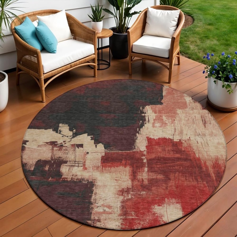 HomeRoots 609162 8 ft. Brick Red & Red Round Abstract Washable Indoor & Outdoor Area Rug