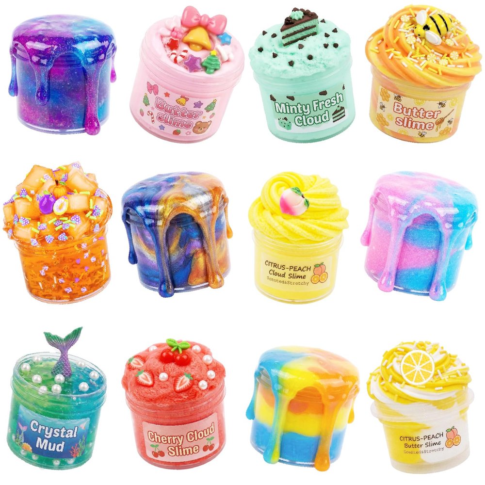 12 Pack Slime Kit for Kids, Butter, Cloud, Crystal and Crunchy Slime Set, Stress Relief Toy, Party Favor for Girls and Boys