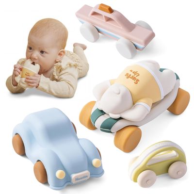Moonkie Silicone Toy Cars for Babies, 5-Pack Push-and-Go Teething Toys, 6M+