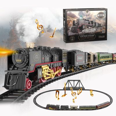 bulucoben Electric Train Set, Steam Train Toy with Locomotive and Tracks, Christmas Train Set for Kids with Sound and Lights Indoor Toy Model Train Set Birthday Gift for 3-8 Years Old Boys Girls