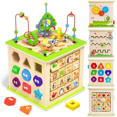 ATOYUS Wooden Activity Cube, 6-in-1 Montessori Toys for 1+ Year Old Toddler
