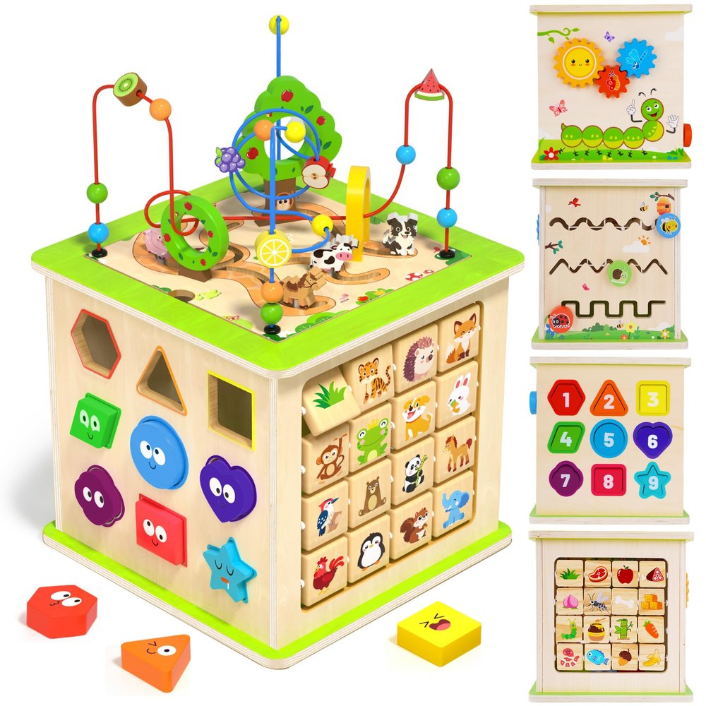 ATOYUS Wooden Activity Cube, 6-in-1 Montessori Toys for 1+ Year Old Toddler