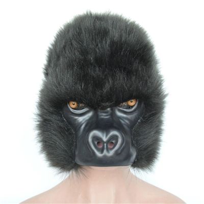 Half Face Realistic Animal Mask with Fluffy Fur,Fursuit Plush Animal Head Mask for Halloween Carnival Cosplay Party (Gorilla)