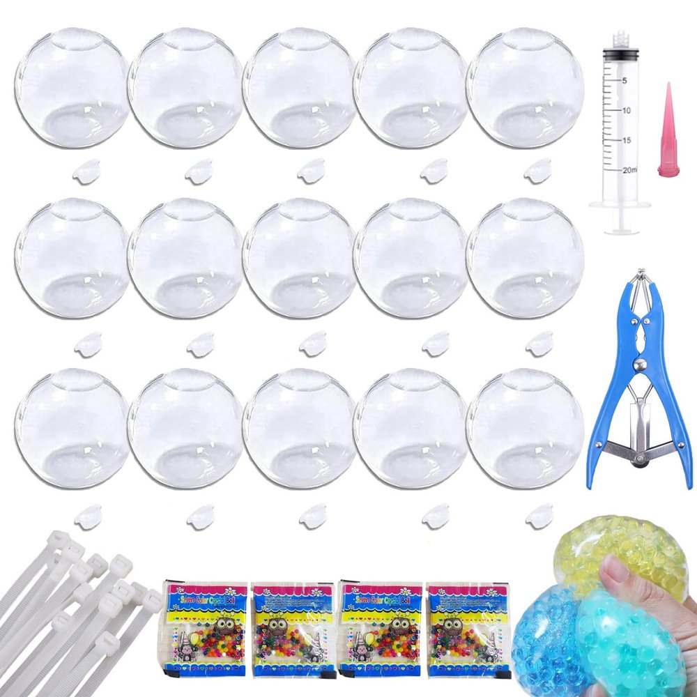 15Pcs DIY Stress Ball Making Kit, Stress Ball Skin, Vacuum Squishy Pressure Balls with Lid & Air Pump & Expander Tool for Sensory & Stress Relief, DIY Stress Relief Toys Set (Transparent, 6CM)