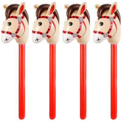 4 Pack Red Inflatable Stick Horse for Kids, Blow Up Horse with Stick Fun Party Favor, Outdoor Active Play Toy, Birthday Celebration, Carnival Game