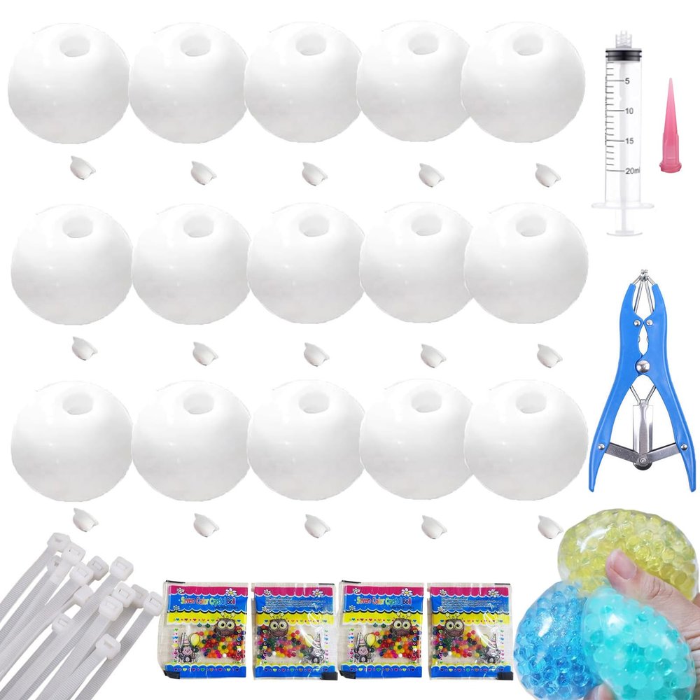 15Pcs DIY Stress Ball Making Kit, Stress Ball Skin, Vacuum Squishy Pressure Balls with Lid & Air Pump & Expander Tool for Sensory & Stress Relief, DIY Stress Relief Toys Set (Milky White, 6CM)