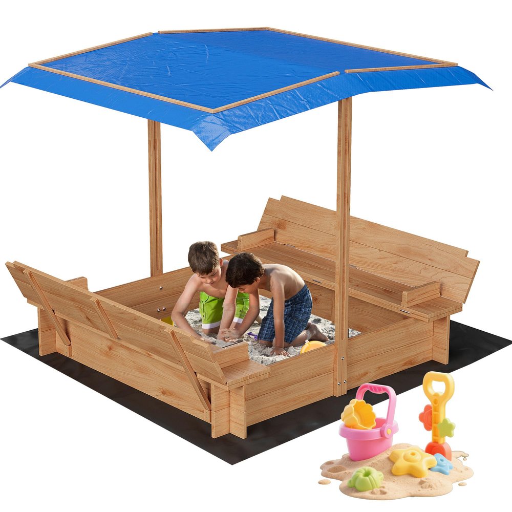 47x47 Wooden Sandbox with Adjustable Canopy and Lid, Outdoor Kids Sand Box with 2 Foldable Bench Seats, Rotatable Shade & Bottom Liner, Solid Fir Wood Sand Pit for Backyard, Patio, Ages 3-8